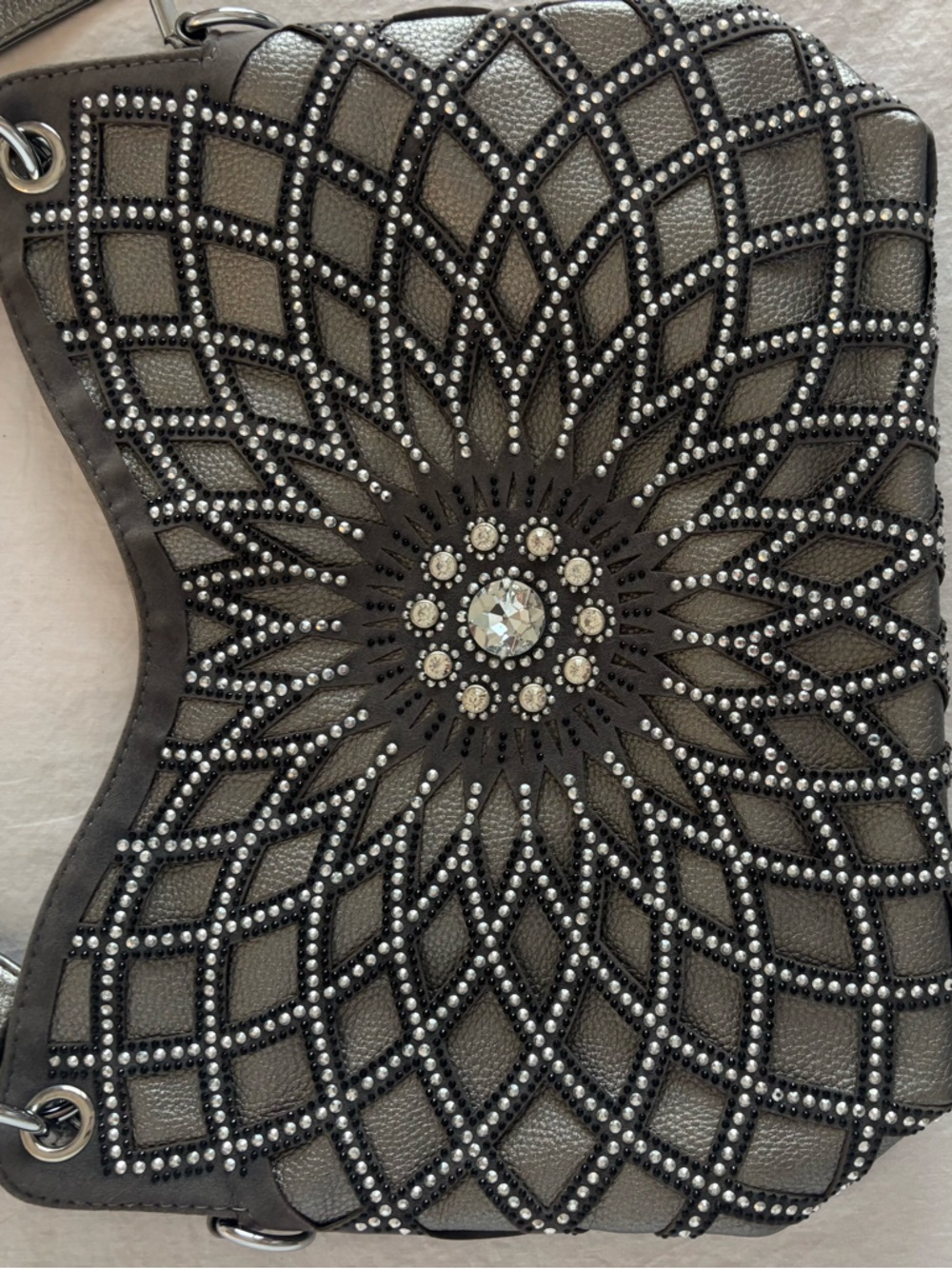 Studded Mandala Crossbody Bag Grey Boho Western Festival Rhinestone Statement - Picture 2 of 9